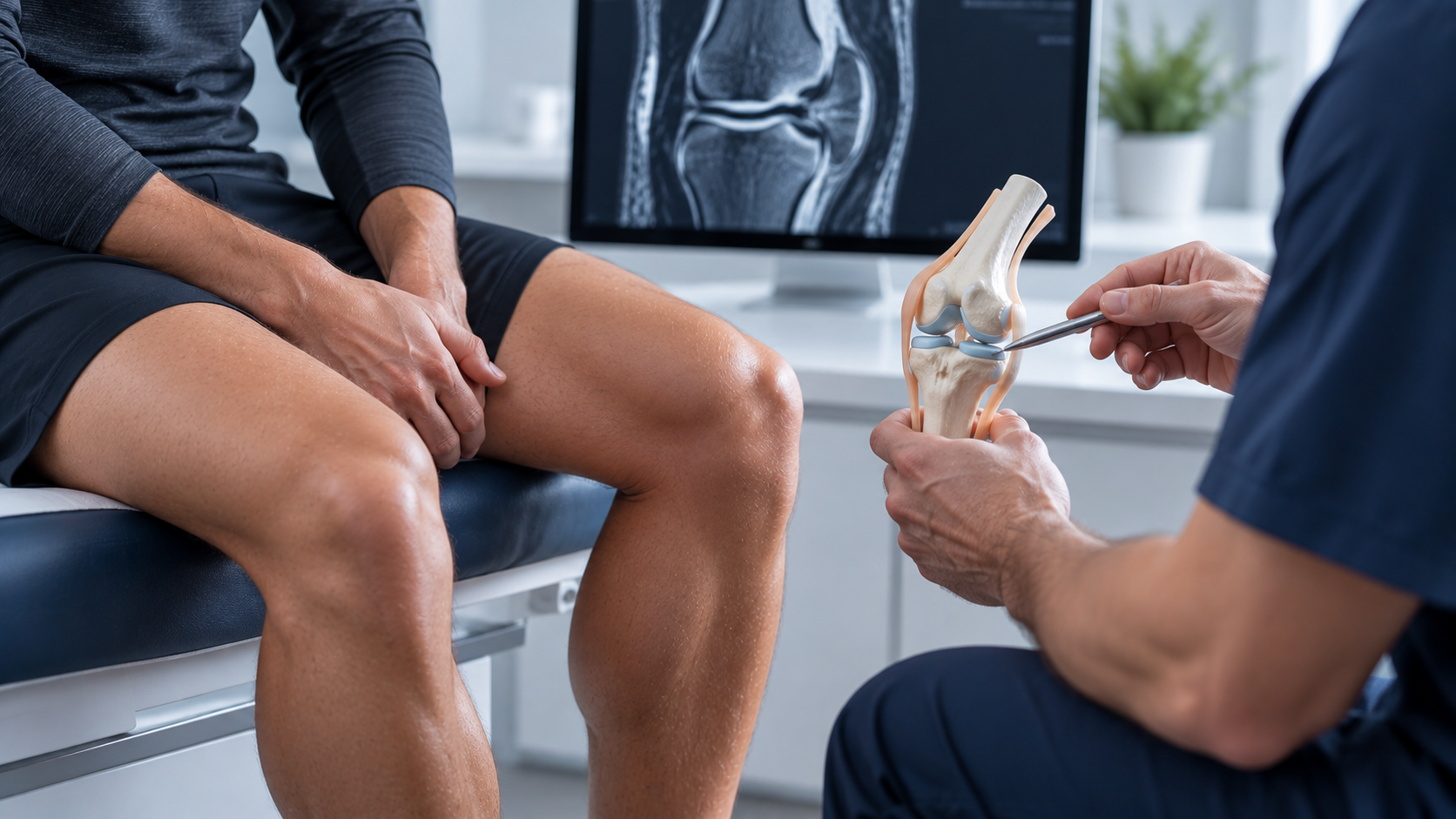 Knee specialist discussing a meniscus injury with a patient