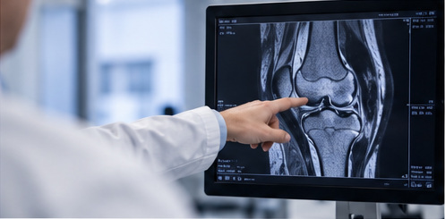 Clinician pointing to a knee MRI scan to assess an ACL injury