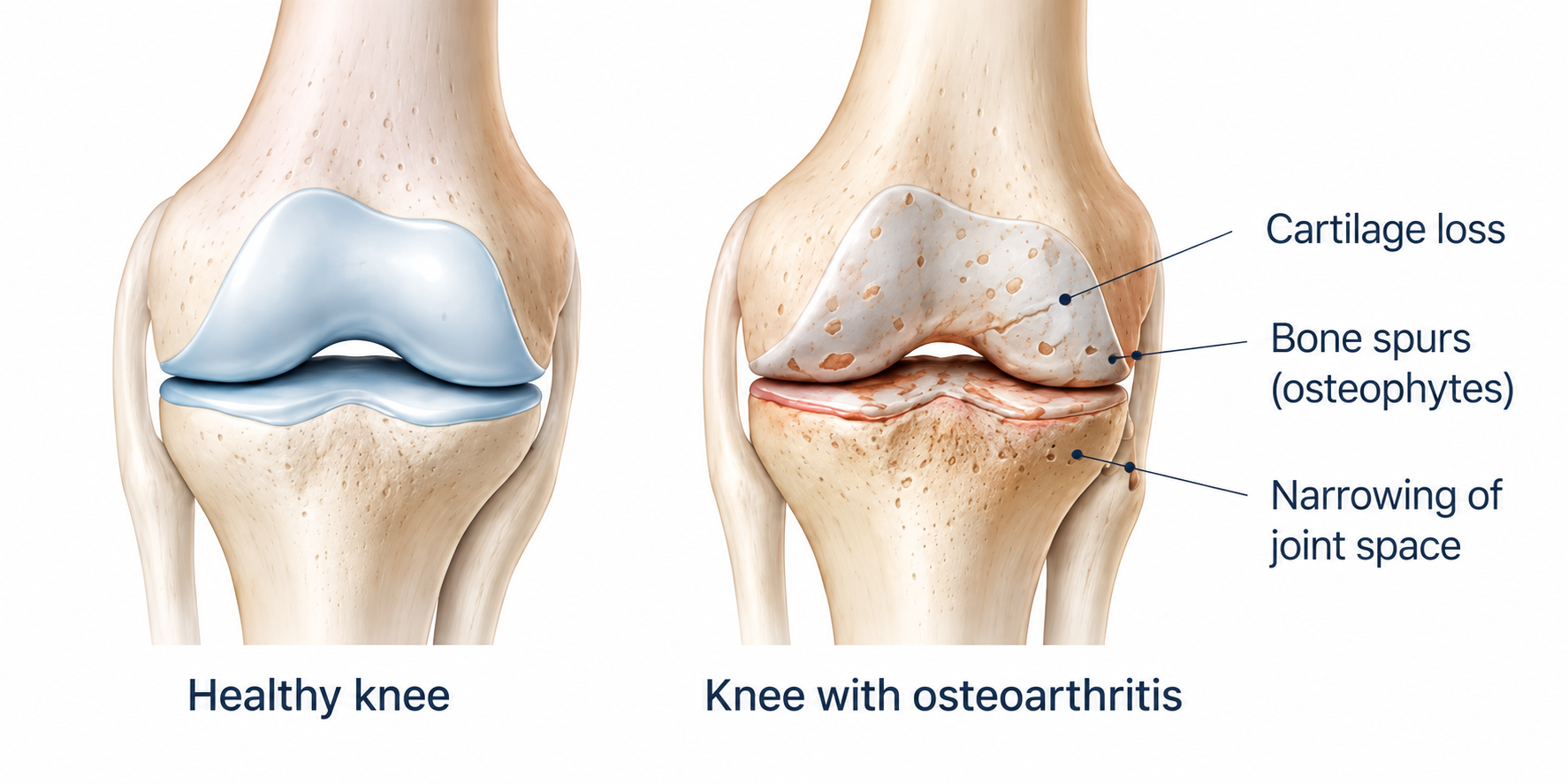 Healthy knee compared with knee osteoarthritis showing cartilage loss, bone spurs and joint space narrowing
