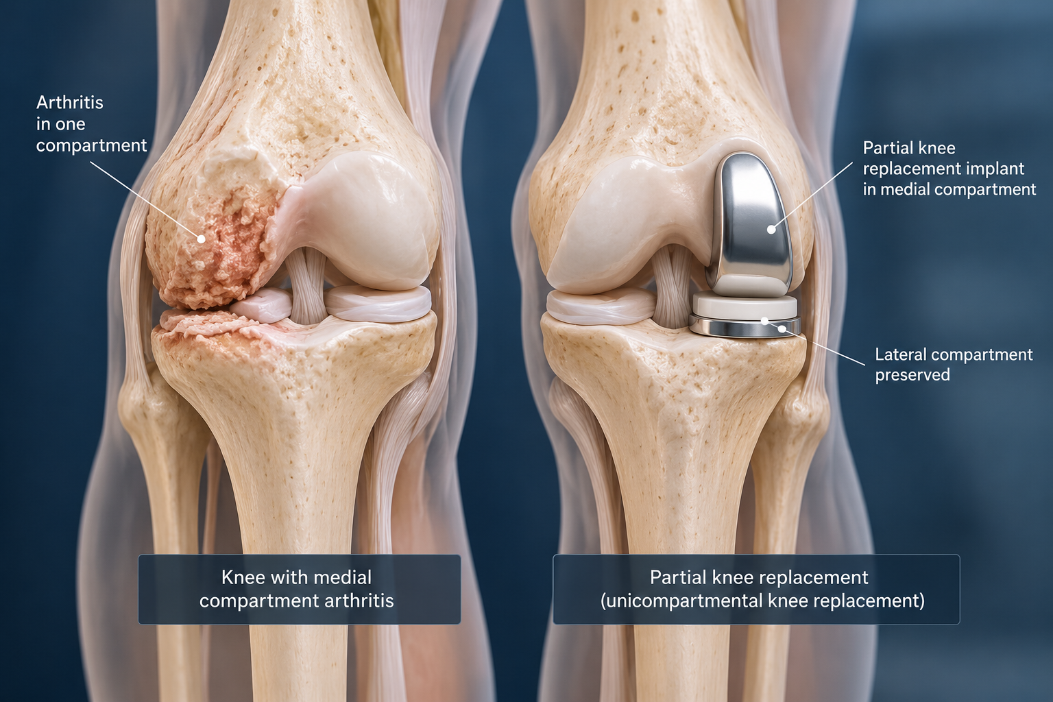 Partial knee replacement implant preserving the unaffected knee compartments