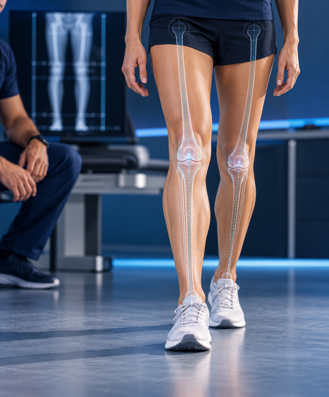 Woman undergoing knee and leg alignment assessment in a specialist clinic