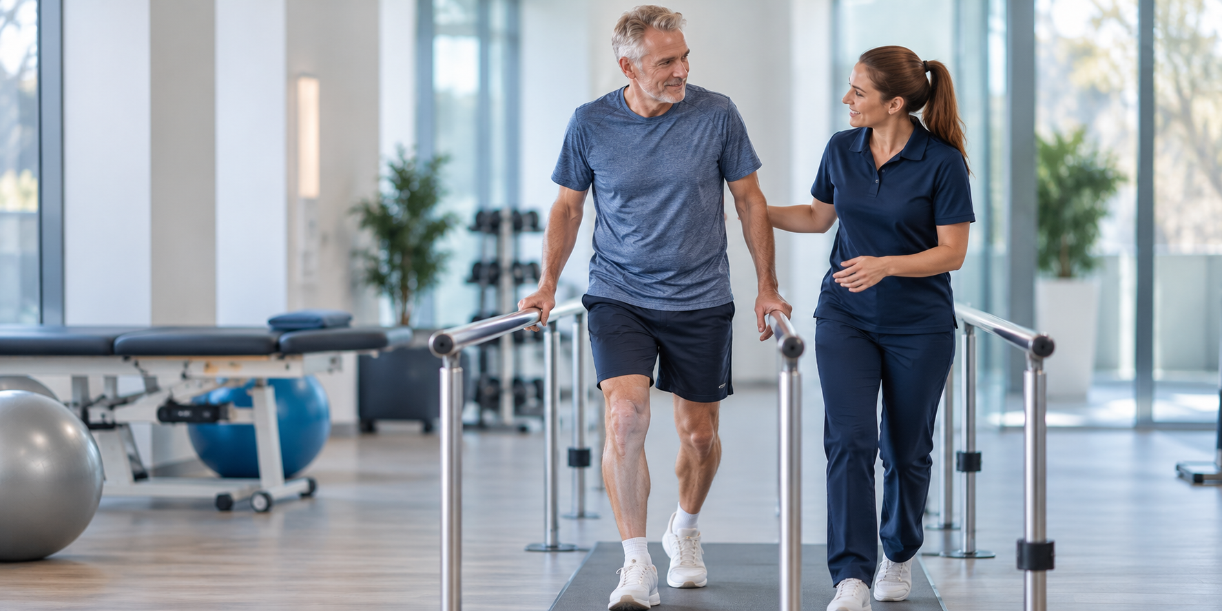 Patient walking during rehabilitation after partial knee replacement surgery