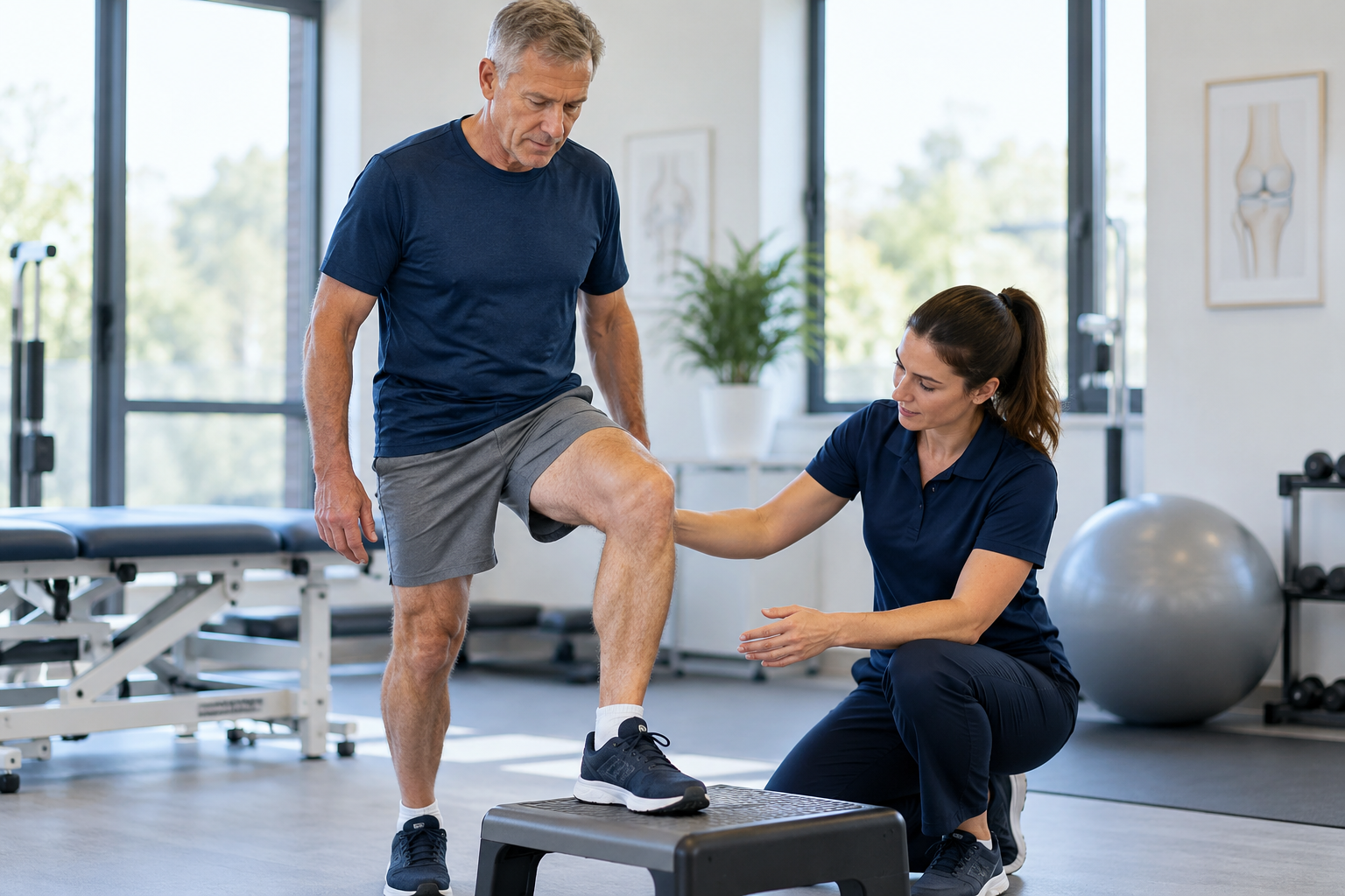 Patient completing physiotherapy rehabilitation after partial knee replacement surgery