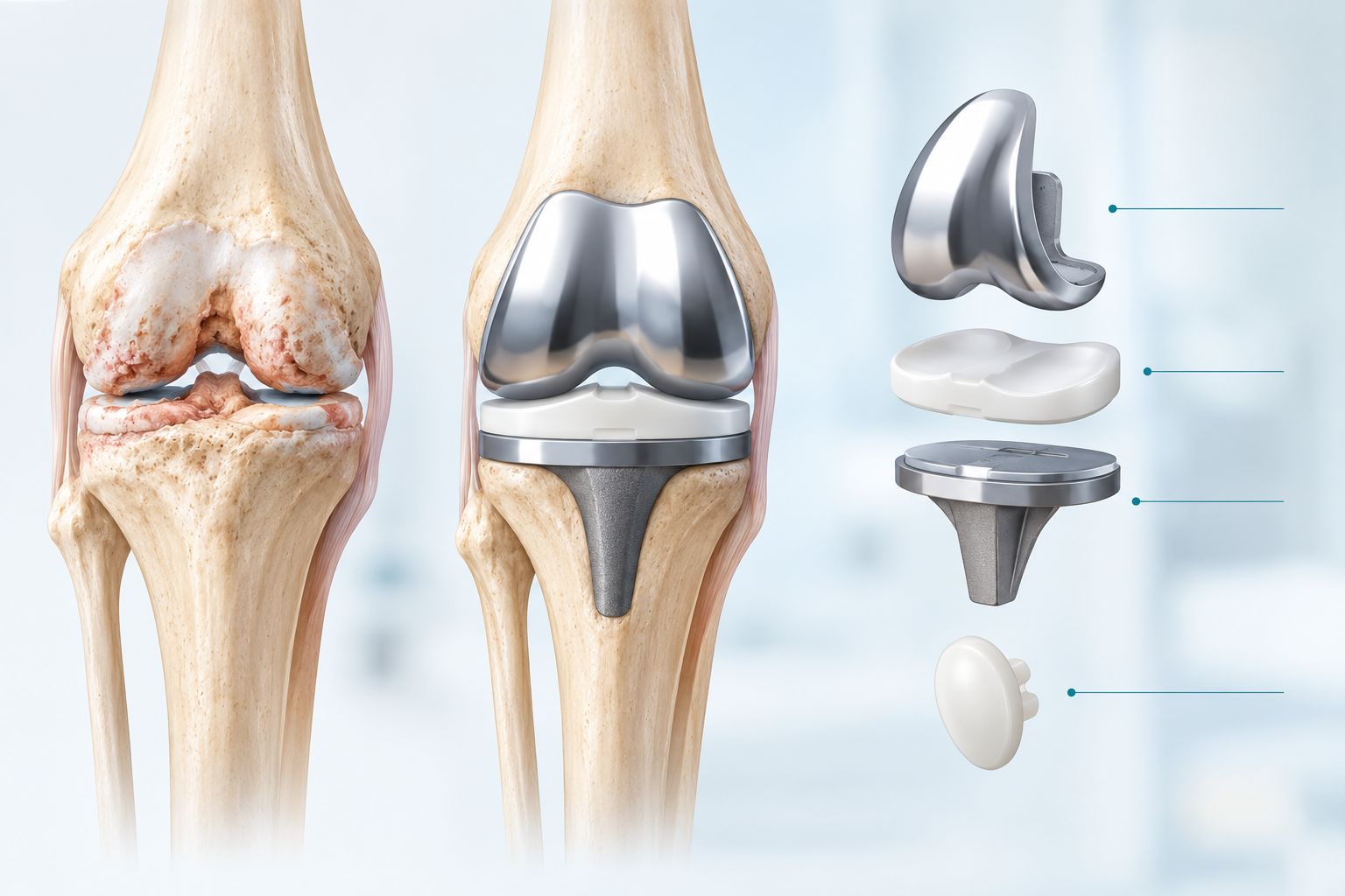 Total knee replacement showing knee implant components and arthritic knee