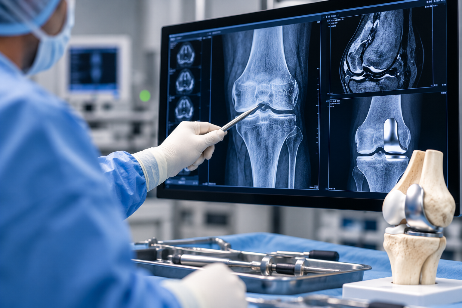 Orthopaedic surgeon reviewing knee X-rays when planning partial knee replacement surgery