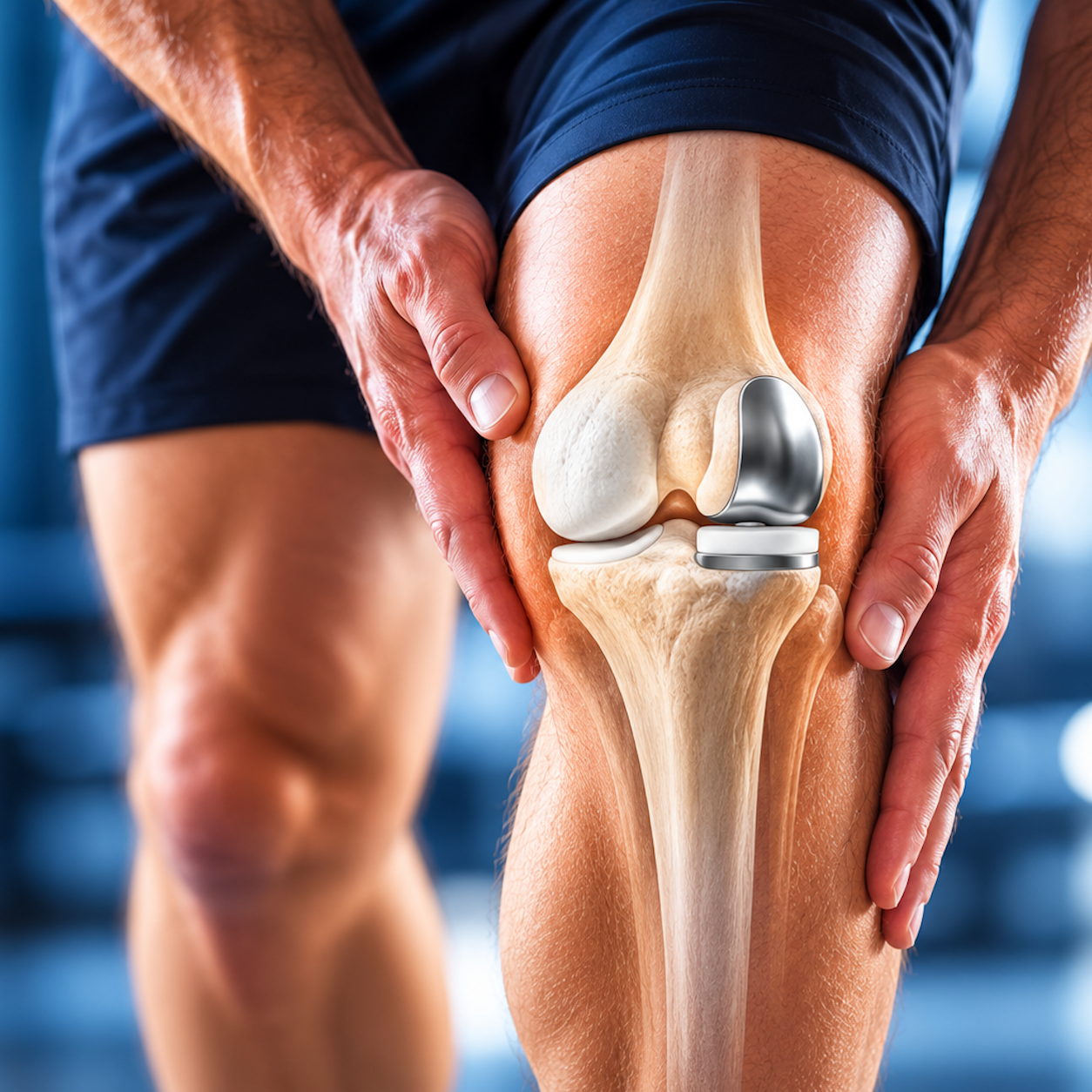 Partial knee replacement implant shown within the knee joint