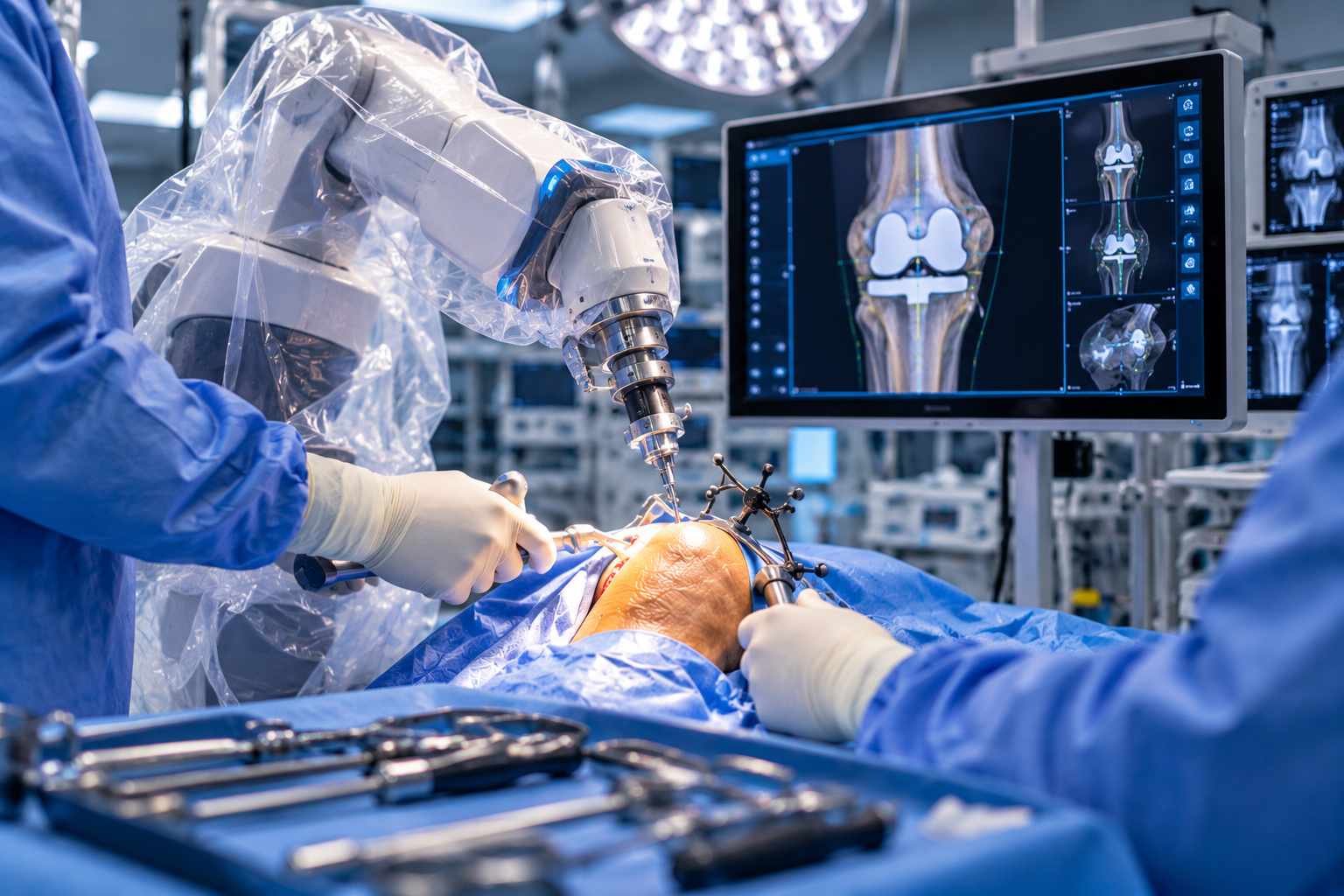 Mako robotic-assisted total knee replacement surgery in a modern operating theatre