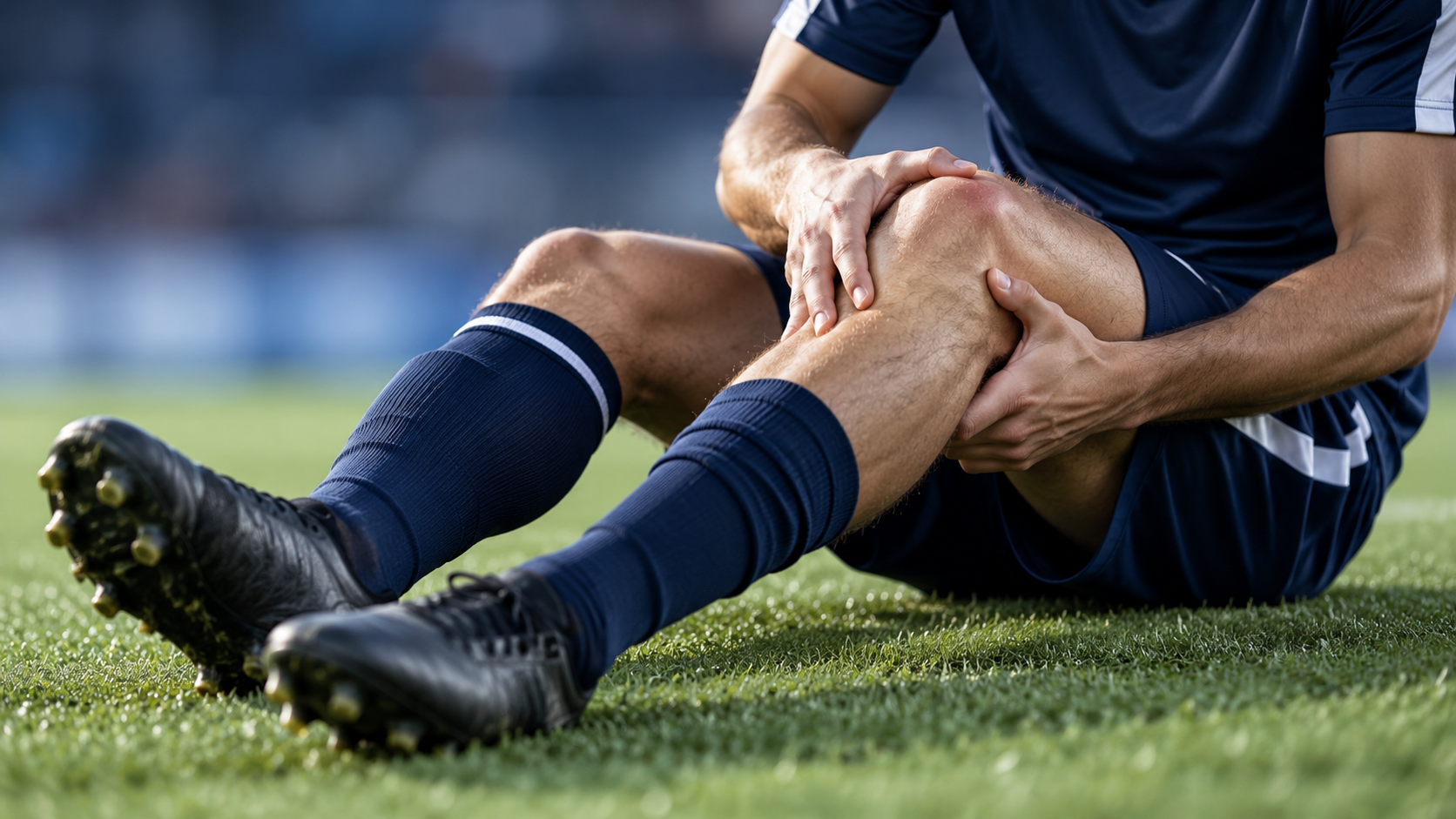 Footballer holding his knee in pain on the pitch, representing symptoms of an ACL injury.