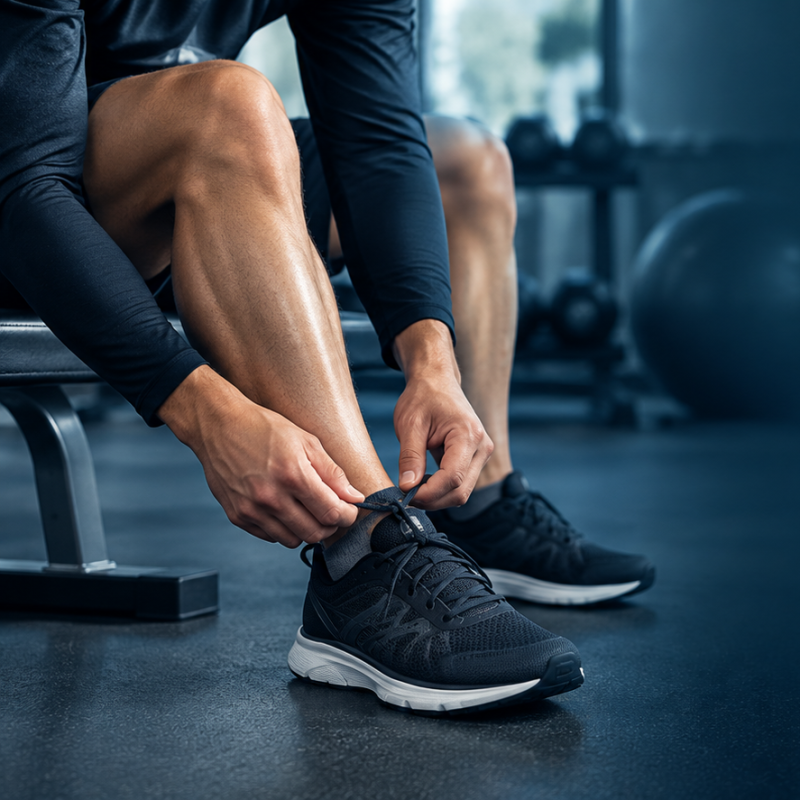 Person tying running shoes before exercise for knee osteoarthritis rehabilitation
